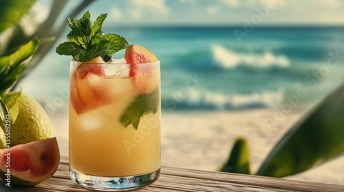 Refreshing beachside cocktail with fresh fruits garnished with mint placed on a wooden deck with an ocean backdrop exuding tropical vibes