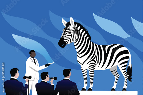 A sharply dressed zebra, acting as a PR specialist, meticulously prepares notes and a presentation for an upcoming press conference.