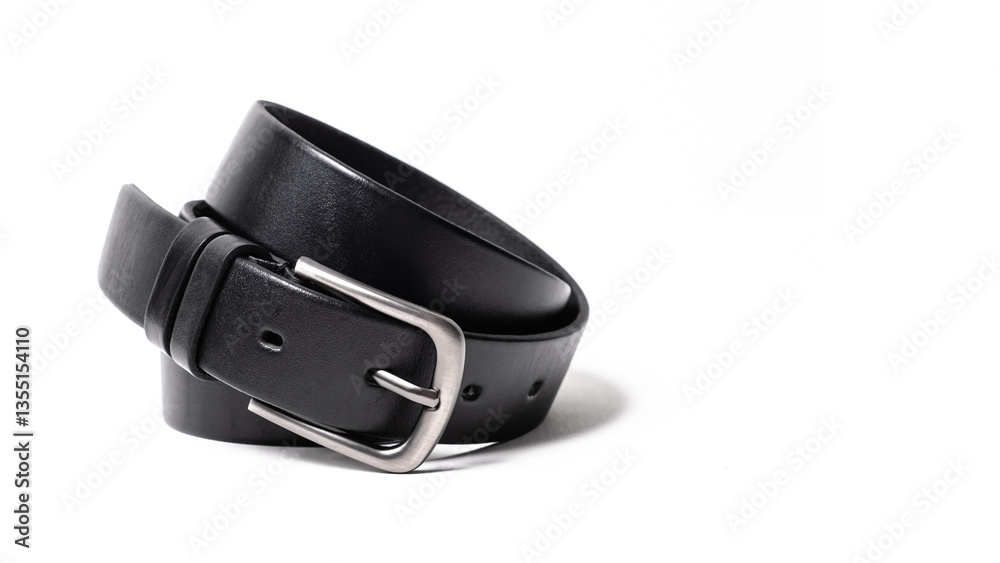 Twisted black leather belt with matted metal buckle isolated on white background. Fastened fashionable unisex, man or woman accessory for trousers, jeans, dress. Male luxury strap. Haberdashery goods. Twisted black leather belt with matted metal buckle isolated on white background. Fastened fashionable unisex, man or woman accessory for trousers, jeans, dress. Male luxury strap. Haberdashery goods.