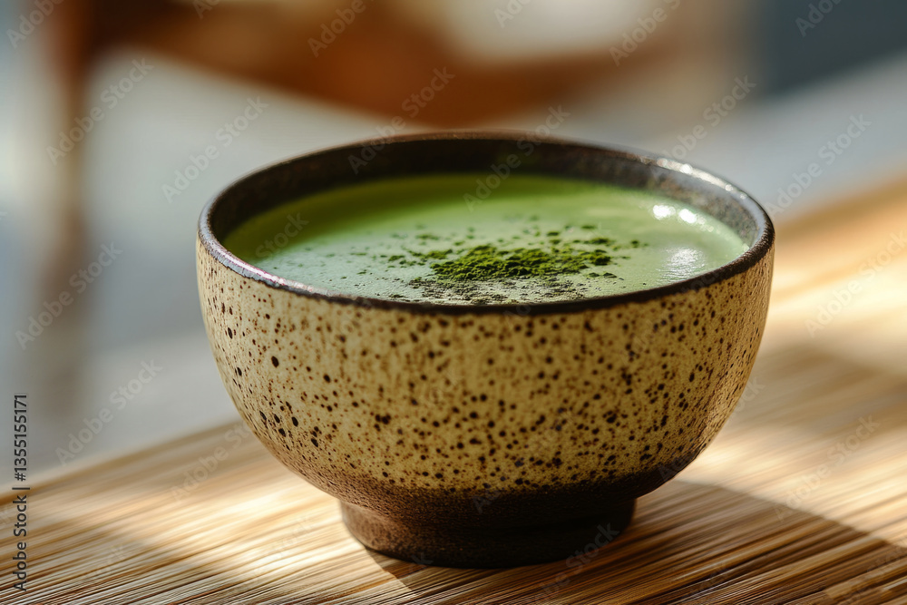 Rustic bowl containing vibrant green matcha tea, topped with matcha powder, sits on a bamboo mat, illuminated by natural light Rustic bowl containing vibrant green matcha tea, topped with matcha powder, sits on a bamboo mat, illuminated by natural light