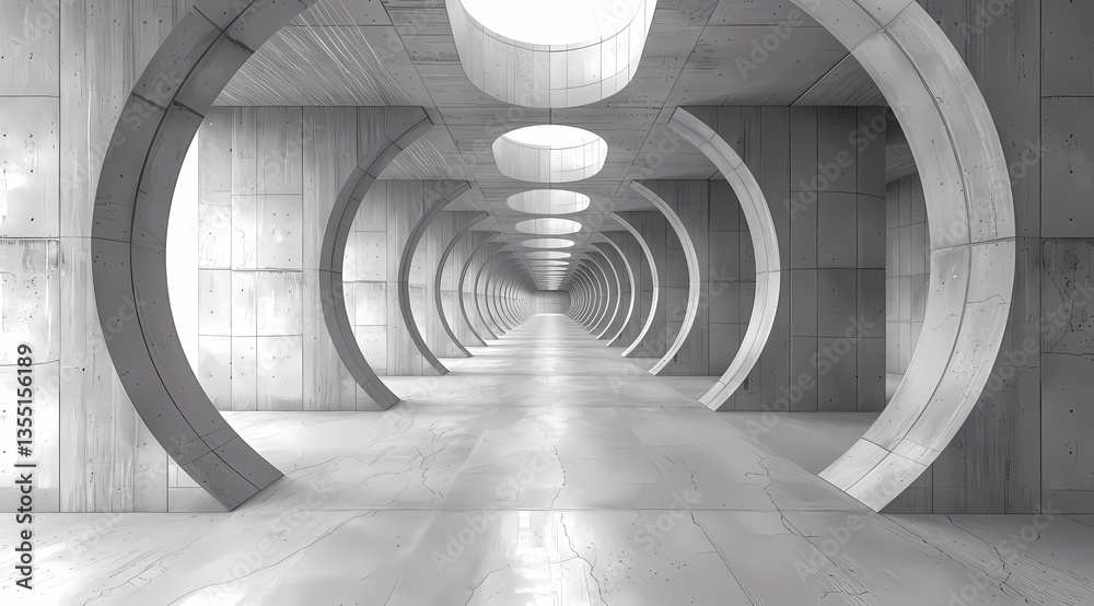 Obraz premium Abstract Concrete Tunnel Perspective with Circular Openings and Natural Light
