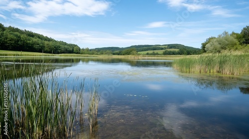 Serene view of a calm lake surrounded by lush greenery and rolling hills under a blue sky : Generative AI