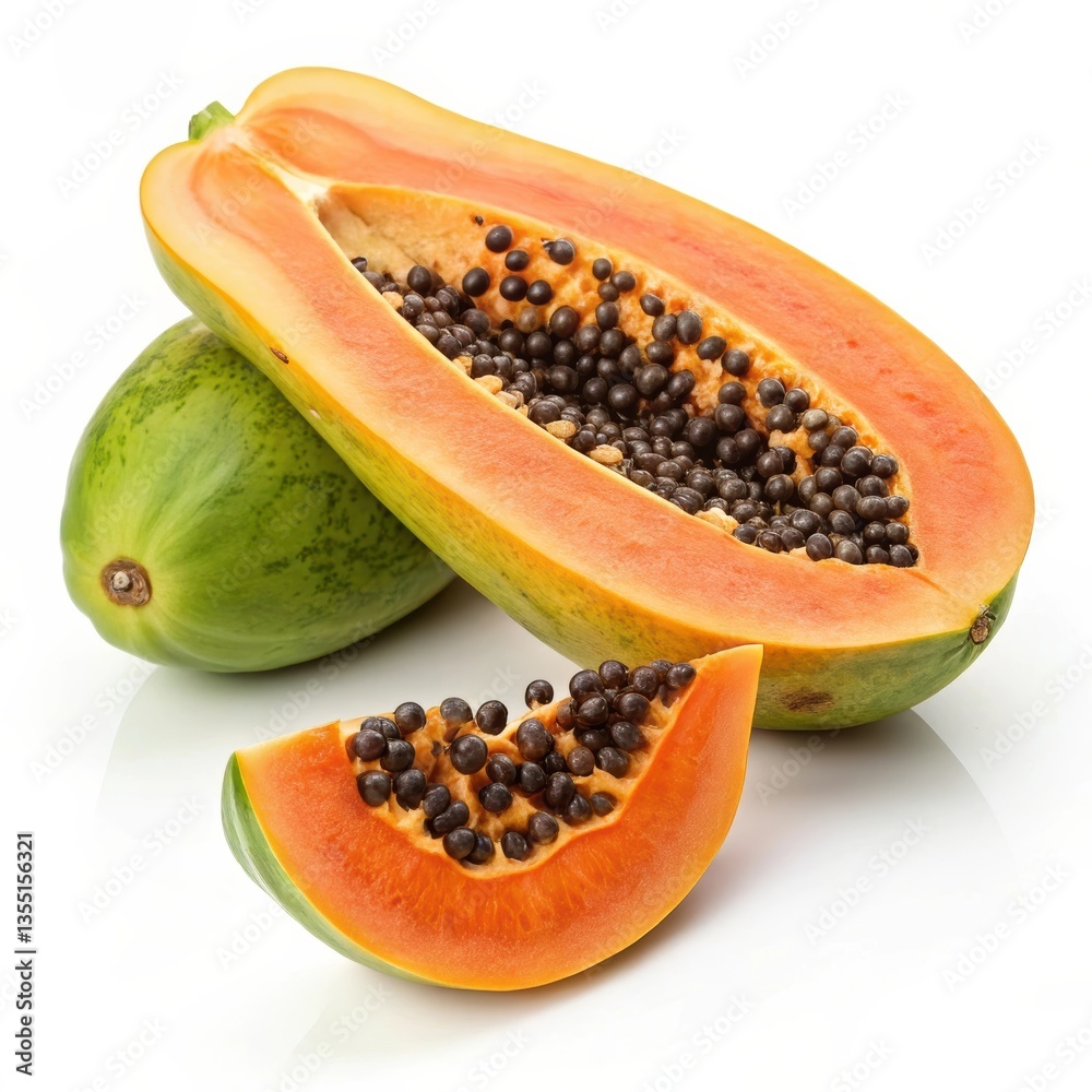Fresh papaya sliced in half revealing seeds and orange flesh on a white background, tropical fruit, healthy snack, copy space Fresh papaya sliced in half revealing seeds and orange flesh on a white background, tropical fruit, healthy snack, copy space