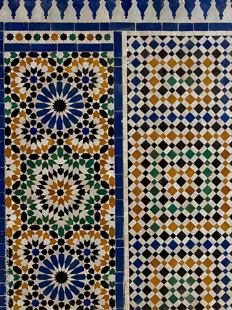 Multicolored zellij geometric pattern detail, Bahia Palace, Marrakseh