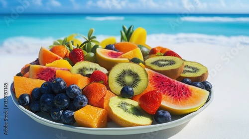 Refreshing tropical fruit platter on a white sandy beach vivid colors bright lighting refreshing aesthetic