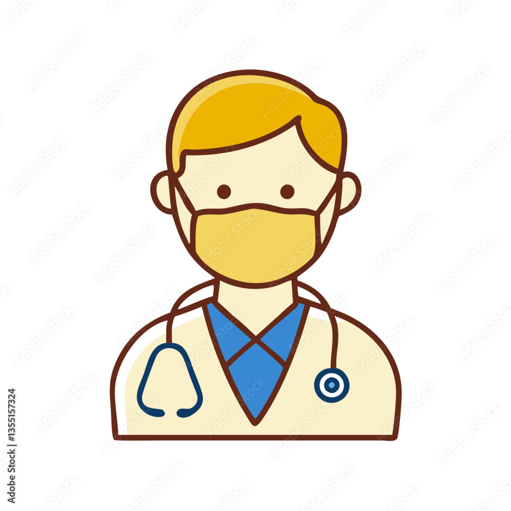 Male doctor with face mask icon in yellow and blue colors Male doctor with face mask icon in yellow and blue colors