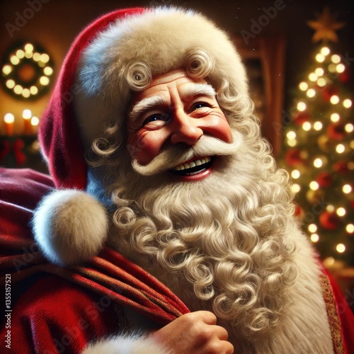 A highly realistic depiction of Santa Claus, joyfully smiling with a twinkle in his eye. He is wearing a luxurious red and white fur-trimmed suit