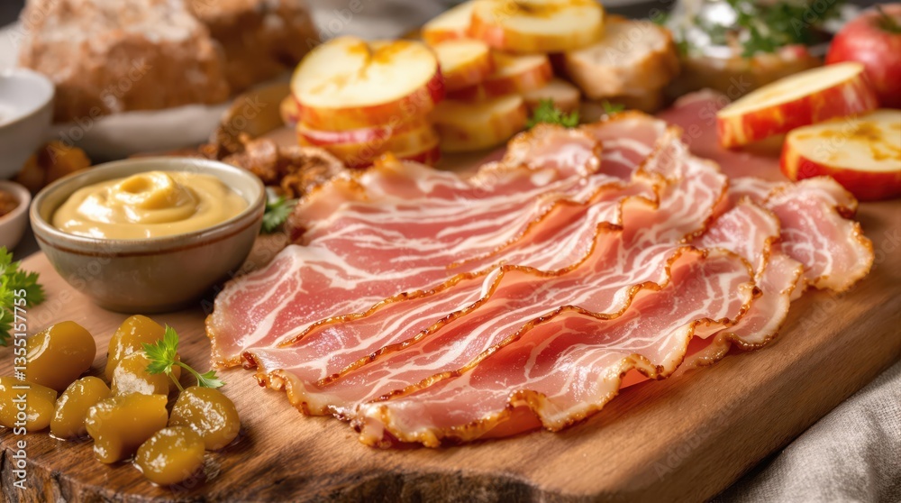 Canadian bacon on charcuterie board with grain mustard, fresh bread, cornichons and maple-glazed apple slices arranged on rustic wooden surface with soft lighting highlighting meat texture Canadian bacon on charcuterie board with grain mustard, fresh bread, cornichons and maple-glazed apple slices arranged on rustic wooden surface with soft lighting highlighting meat texture