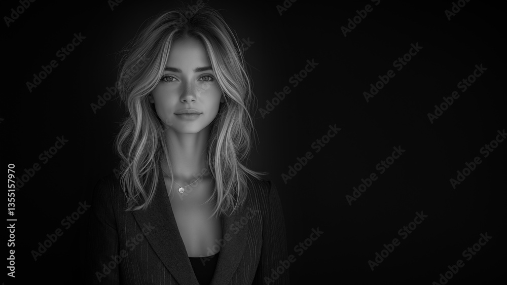 Fototapeta premium Schwarz-Weiß-Porträt einer Frau mit welligem blondem Haar im Low-Key-Stil vor dunklem Hintergrund