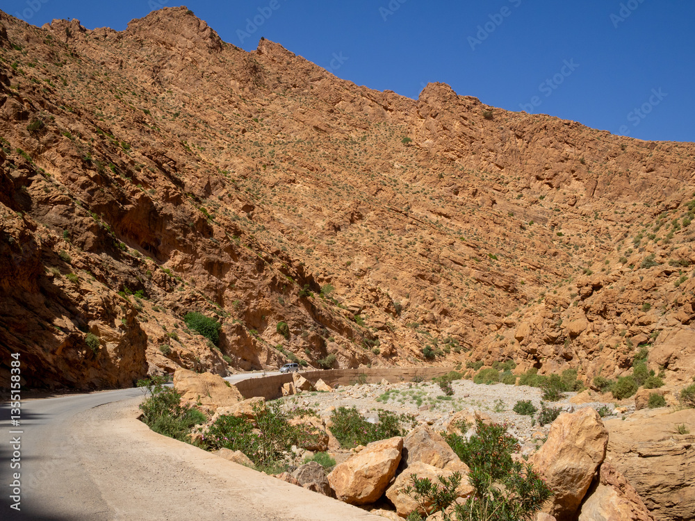 The road aside the Todgha dry riverbed in the High Atlas, Morocco
