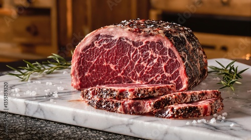 Dry aging premium beef ribeye on marble cutting board with rosemary and salt crystals, showing dramatic color contrast between dark exterior and rich red interior with visible texture and marbling