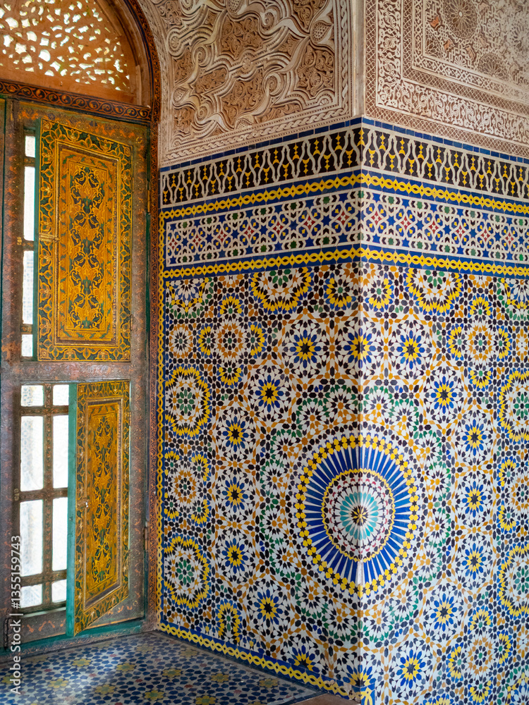 Zellij mosaic geometric pattern and wooden window shutter, Telouet Kasbah, Morcocco