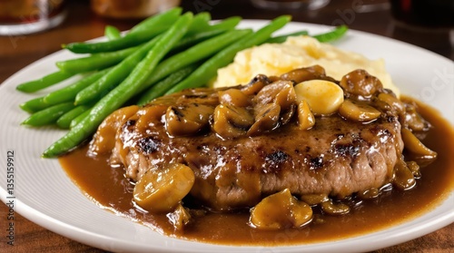 Salisbury steak dinner with juicy beef patty in rich mushroom gravy served with creamy mashed potatoes and vibrant green beans on elegant white plate, traditional comfort food photo