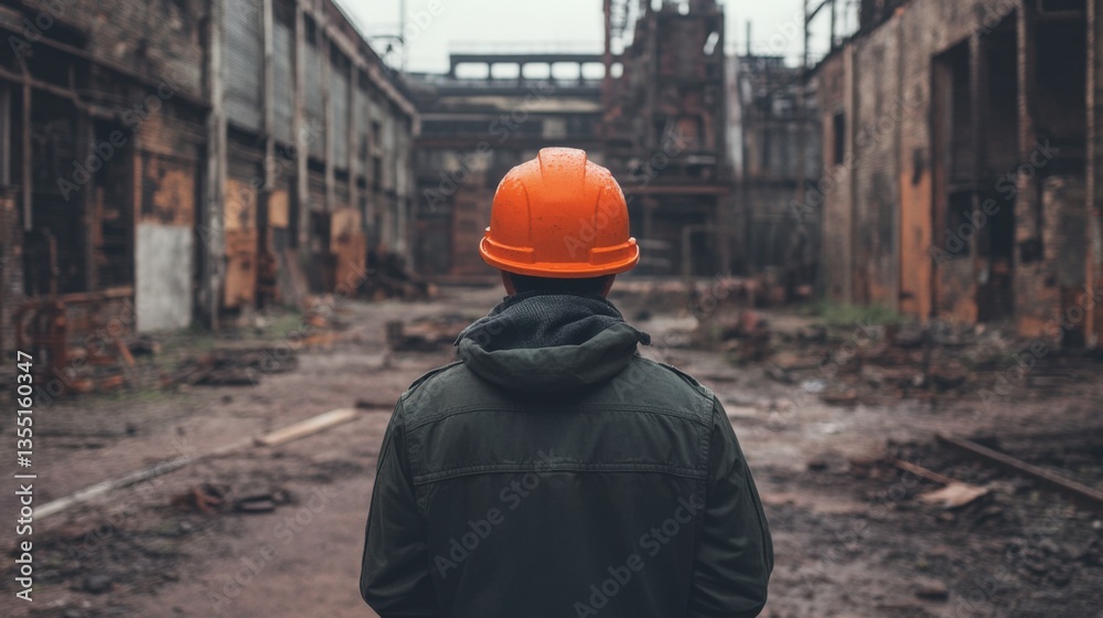 Man in hardhat surveying abandoned industrial site.
