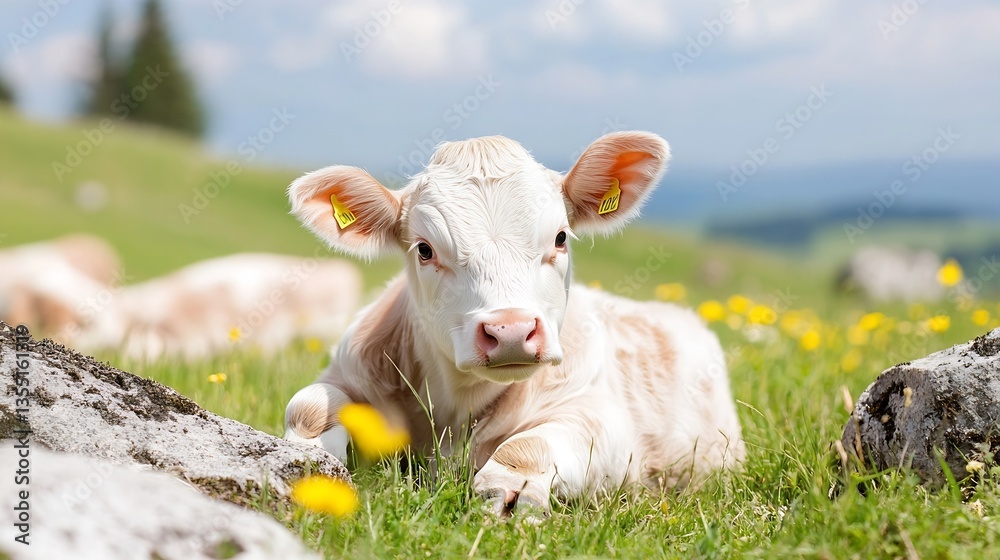Naklejka premium Adorable Young Calf Resting in Lush Green Meadow Surrounded by Colorful Wildflowers : Generative AI