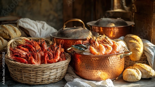 Rustic Copper Pots Overflowing With Seafood Beside Woven Bread Baskets and Sun-Faded Linens Coastal Golden Hour Glow