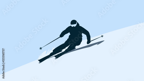 A dynamic vector silhouette of a person skiing downhill on a snowy slope. The skier is captured mid-action, leaning forward with bent knees, creating a sense of speed and movement. 