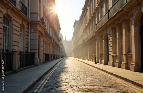 Historic London street scene bathed in morning sunlight. Cobbled road, lined with classical buildings creates peaceful urban landscape. Travel photo of old architecture. Golden hour light shines on