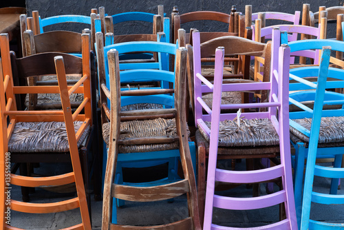 colorful painted mediterranean wooden chairs stacked, chairs,