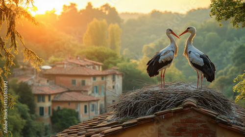 Storks standing on a nest against sunset background