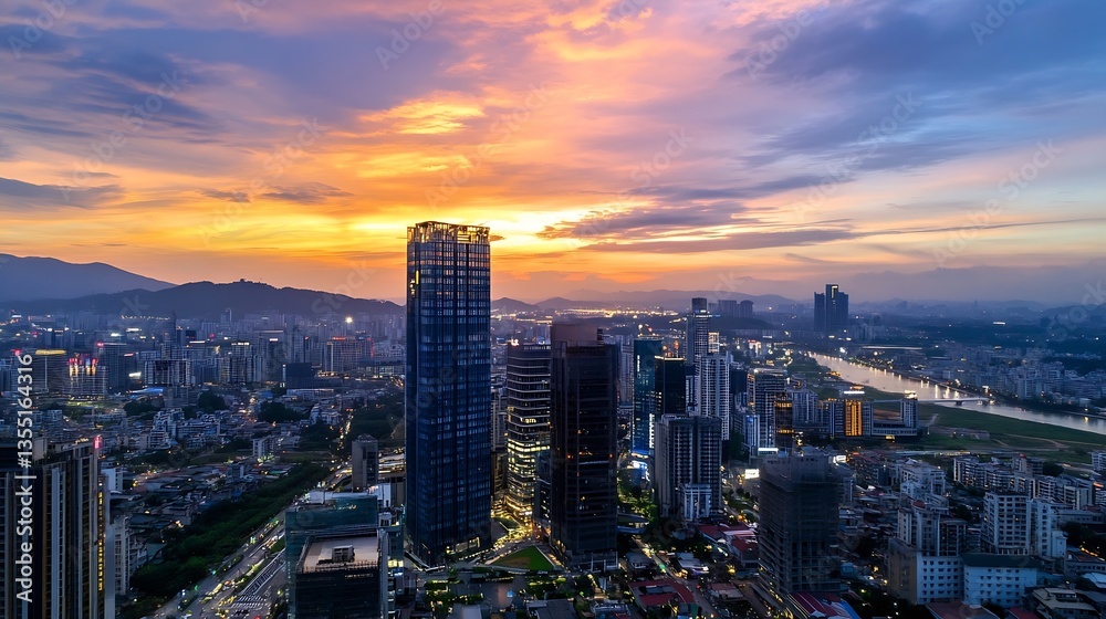 Obraz premium Aerial View of a City Skyline During Sunset with Modern Skyscrapers : Generative AI