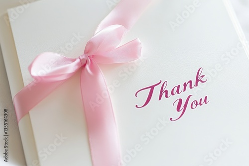 A white wedding card with the words thank you written in cursive, tied at one corner with a pink ribbon
