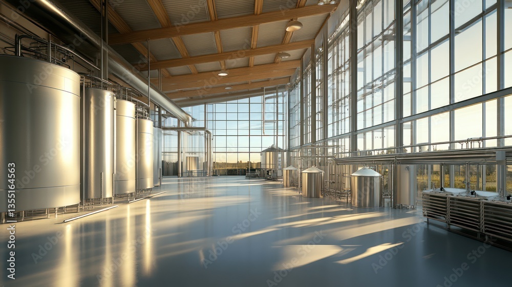 Modern industrial facility with large windows and stainless steel tanks. Modern industrial facility with large windows and stainless steel tanks.