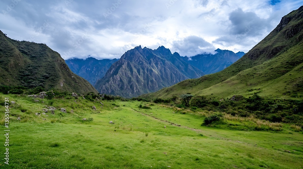 Fototapeta premium Lush green valley surrounded by majestic mountains under a cloudy sky in nature : Generative AI
