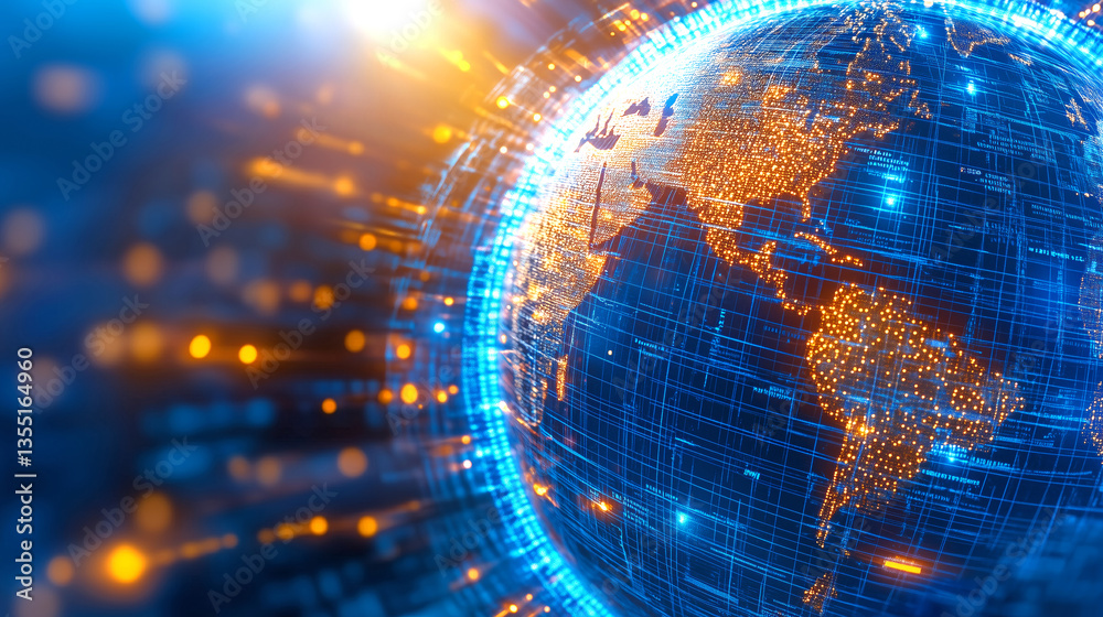 Obraz premium The visual representation highlights a digital globe surrounded by luminous data streams. Continents and oceans are illuminated, symbolizing global connectivity and information exchange