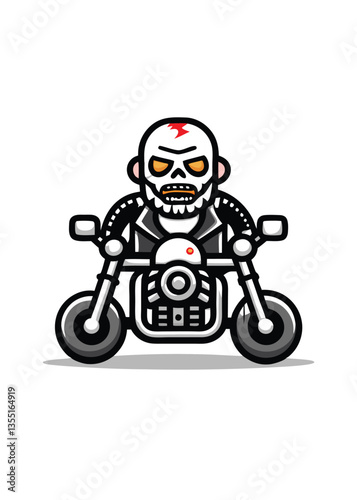 A decaying tattooed zombie biker, ferociously gripping the handlebars of a vintage chopper motorcycle, amidst a post-apocalyptic wasteland.