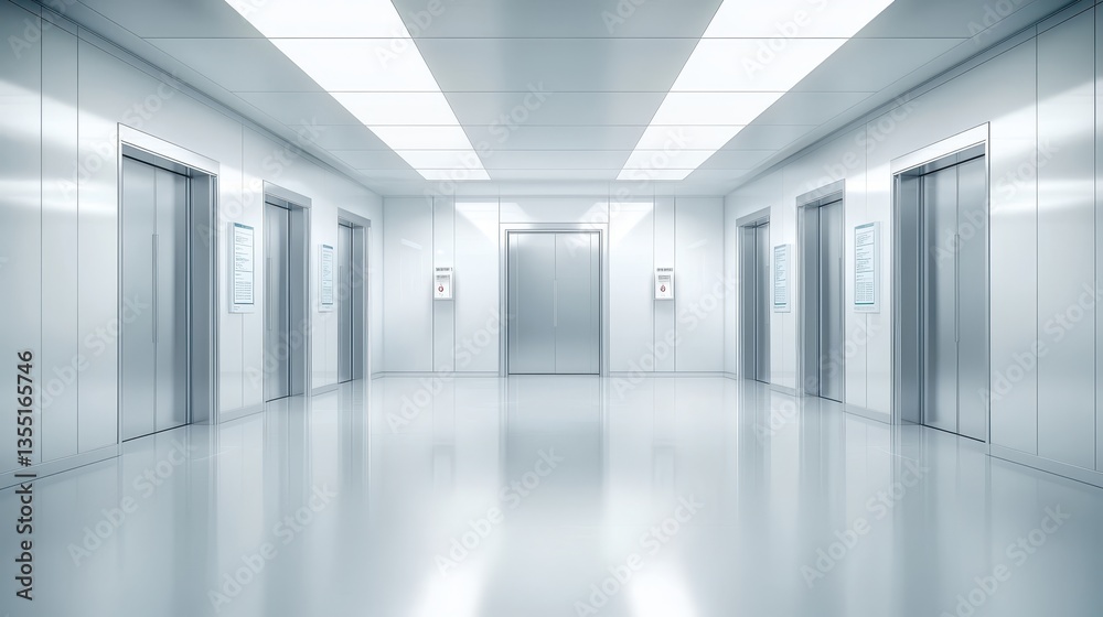 Obraz premium Long white hallway with doors, study in architectural symmetry and minimalist design