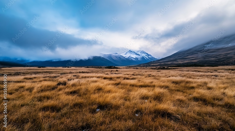 Breathtaking landscape of a vast golden grassy meadow framed by majestic snowcapped mountains in the background : Generative AI Breathtaking landscape of a vast golden grassy meadow framed by majestic snowcapped mountains in the background : Generative AI
