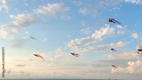 Colourful kites of different shapes and sizes flying high in wind at kite festival. Beautiful different types of kitesurfing and flying in air against sky. City kite festival