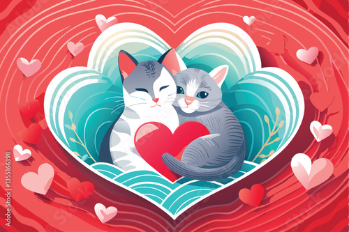 Two adorable cats snuggling affectionately,  heart-shaped bubbles float gently above them.  Illustrate a heartwarming scene of feline companionship.