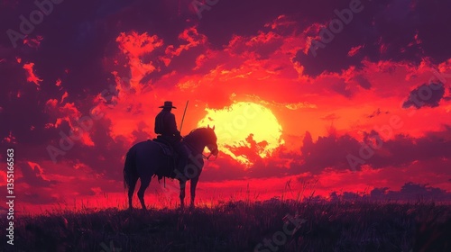 Silhouette of cowboy on horseback at sunset. photo