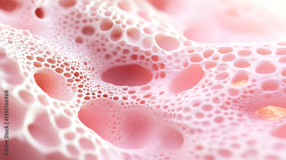 Abstract close-up of porous organic structure with soft pink tones and smooth flowing shapes resembling cellular or bone texture