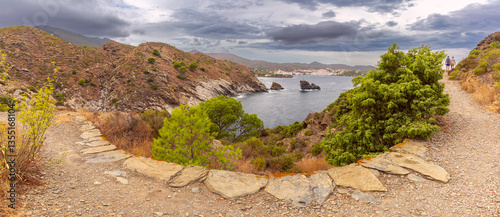 Obraz na płótnie Rocky hiking path overlooking Cadaques in Catalonia, Spain with cliffs and the Mediterranean Sea w salonie
