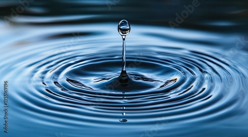 Water drop impacting water surface, creating ripples