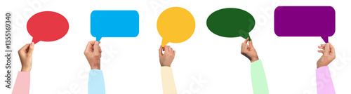 Hand holding speech bubbles set, isolated on white, symbolizing conversation and communication.