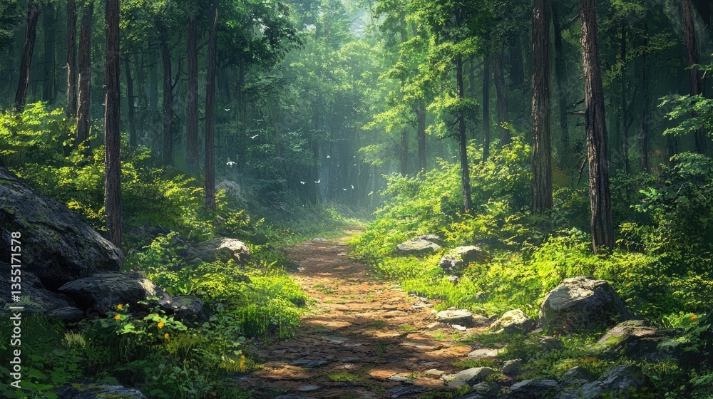 Fototapeta premium A path in the forest with a calm atmosphere and the sound of birds chirping