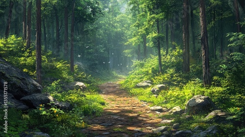 A path in the forest with a calm atmosphere and the sound of birds chirping