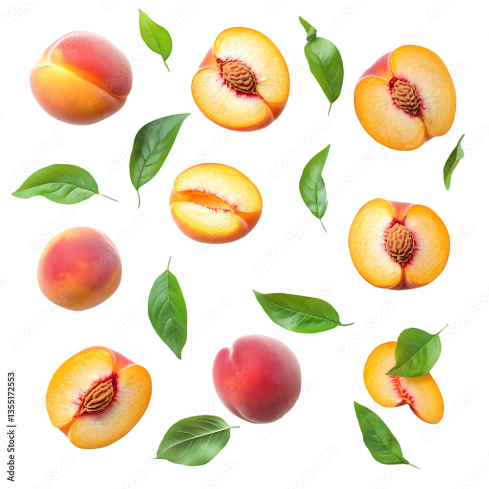 Levitating Peach Isolated, Composition of Peaches in Mid-Air Capturing Their Juicy, Velvety Texture and Sweet Appeal Against a White Background Levitating Peach Isolated, Composition of Peaches in Mid-Air Capturing Their Juicy, Velvety Texture and Sweet Appeal Against a White Background