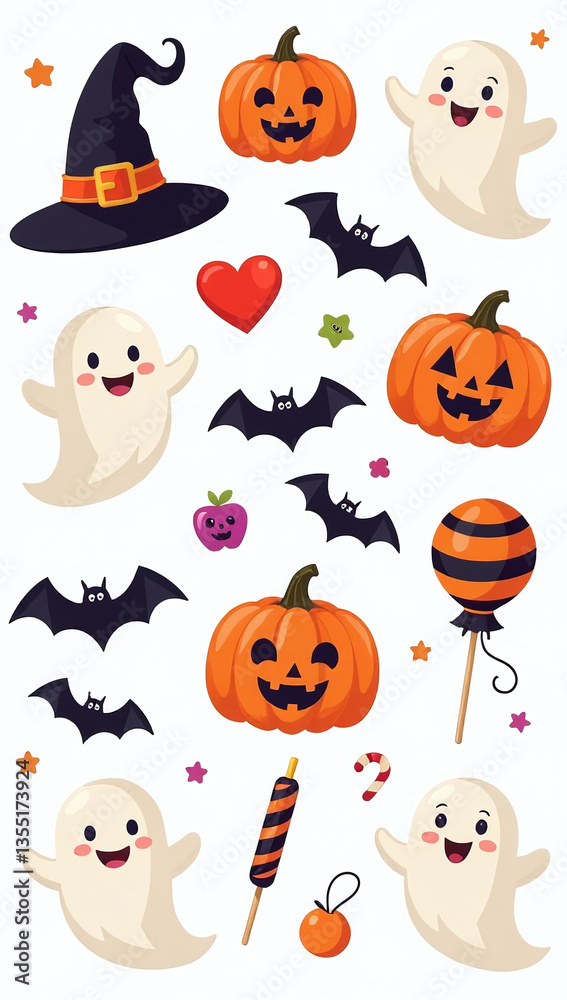 Obraz premium cute halloween elements include hat ghosts bats candy spooky items perfect stickers illustrations parties