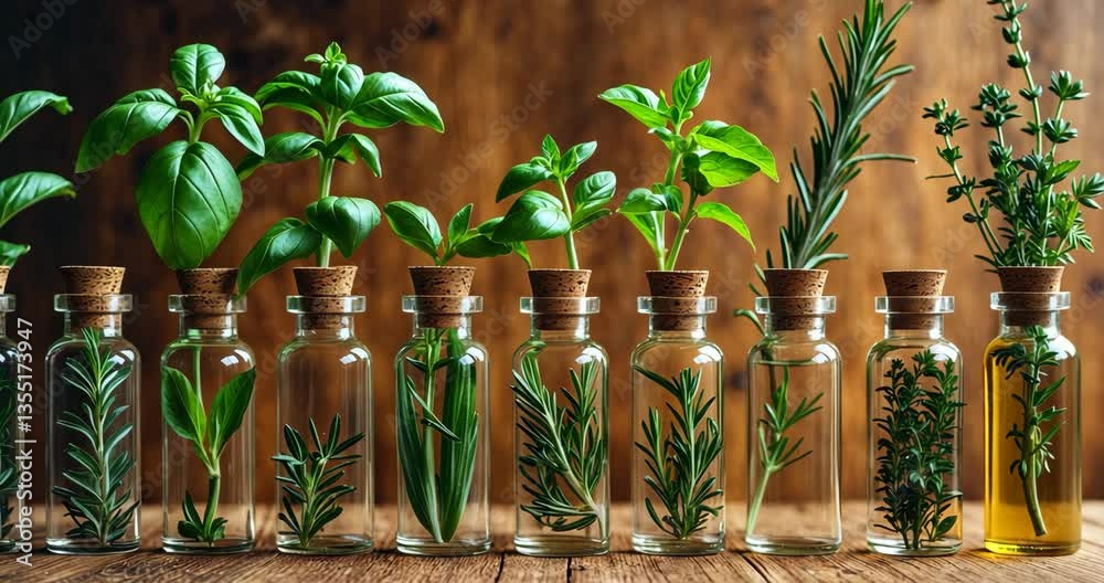 Bottle of essential oil featuring holy basil flower and basil flow. High-quality image.