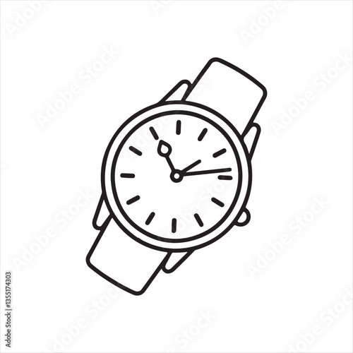 Wristwatch Outline Vector Illustration,Minimalist Watch Line Art Design,Classic Wristwatch Icon in Black and White,Hand Drawn Watch with Hour and Minute Hands,Simple Analog Watch Sketch