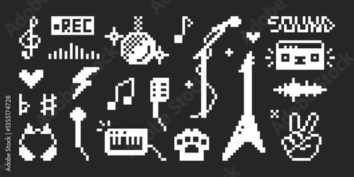 Pixel art music set. Retro vector icons with musical instruments and radio equipment. Digital sound waves, typographic, gamer, disco and rock culture elements in Y2K aesthetic for stickers and prints.