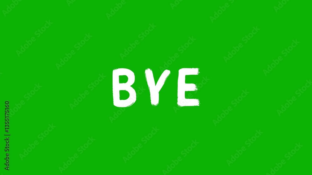 Animated white word of title “Bye” in a sloppy font on a green screen on a chroma key background Animated white word of title “Bye” in a sloppy font on a green screen on a chroma key background