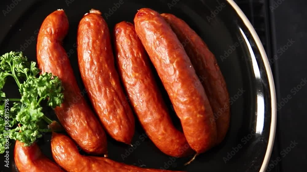 Smoked sausages pork meat beef dish fresh delicious gourmet food background on table rustic food top view copy space