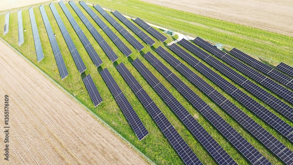 Aerial shot of solar panels reducing carbon footprint