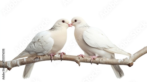 A Pair of Doves Gently Touching Beaks on a Branch, Symbolizing Love, Peace, and Family Bonds Across Diverse Backgrounds and Cultures